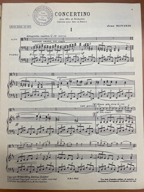 Jean Rivier Concertino pour alto et orchestre, réduction piano