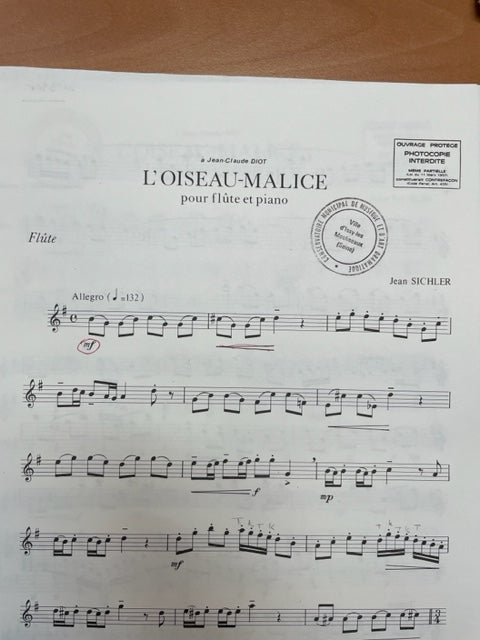 Jean Sichler L'oiseau malice partition pour flute et piano