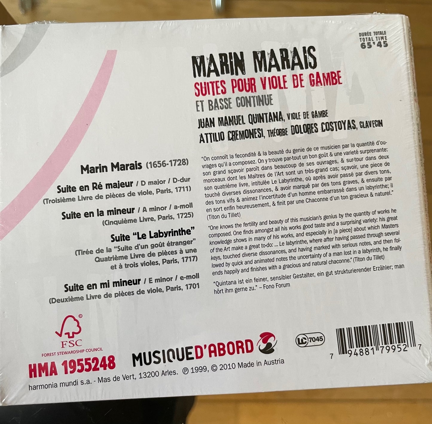CD Marin Marais Suites pour viole de Gambe et basse continue de Juan Manuel Quintana