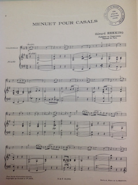 Gérard Hekking Menuet pour Casals partition pour Violoncelle et piano