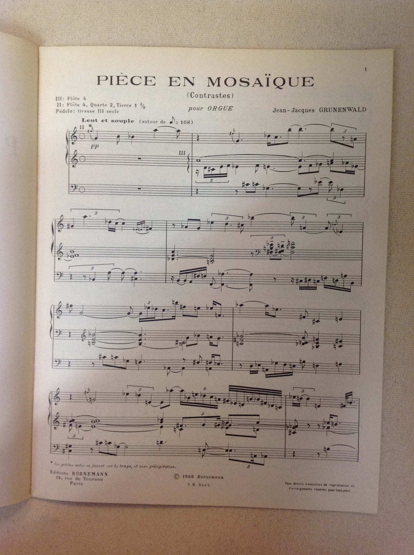 Jean Jacques Grunenwald Pièce en mosaÏque contraste partition pour orgue