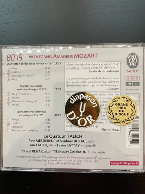 CD Homage Quatuor Talich Mozart Quintettes avec clarinette