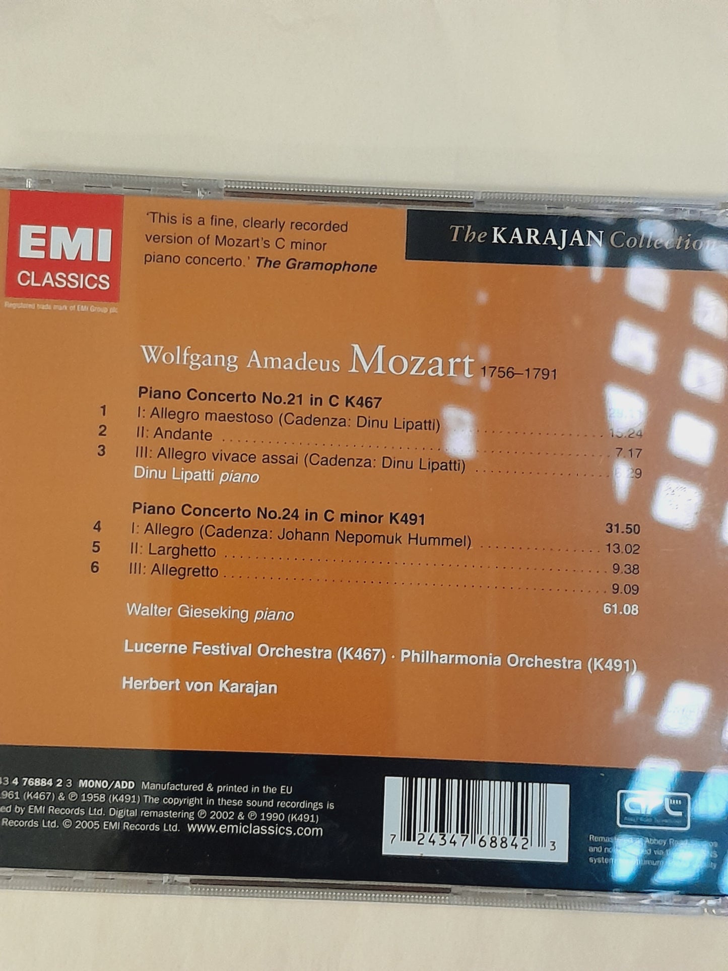 CD Mozart Piano concertos 21 et 24 Dinu Lipatti et W.Gieseking, piano