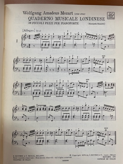Mozart 39 little pieces for piano - London Musical Notebook partition piano
