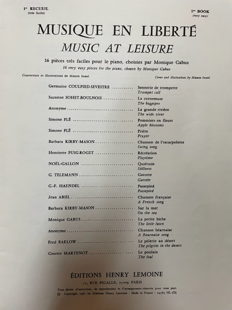 Musique en liberté 1er recueil partition piano