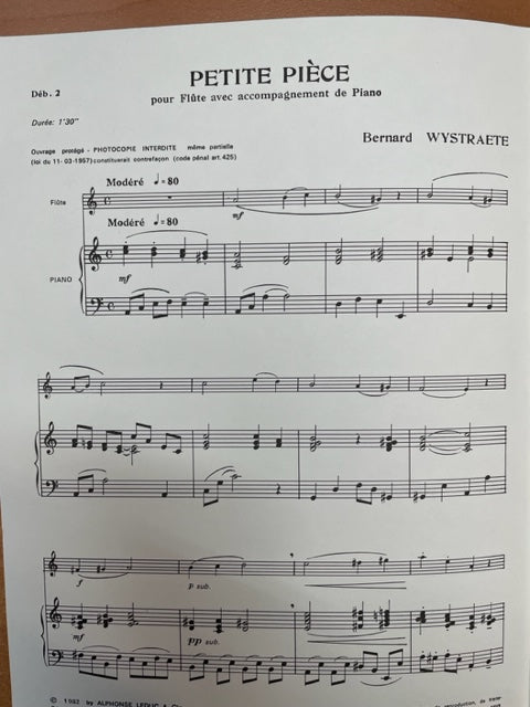 Bernard Wystraete Petite pièce partition pour flute et piano