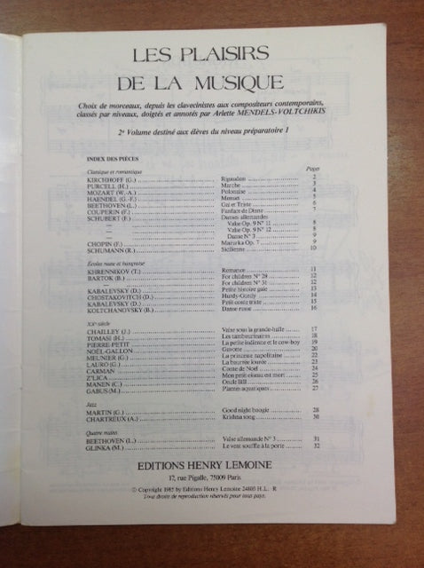 Les plaisirs de la musique volume 2 niveau préparatoire 1 partition pour piano