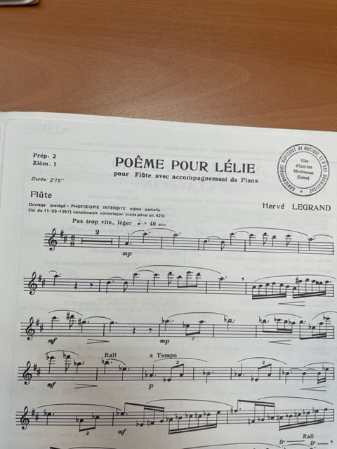 Hervé Legrand Poème pour Lélie partition pour flute et piano