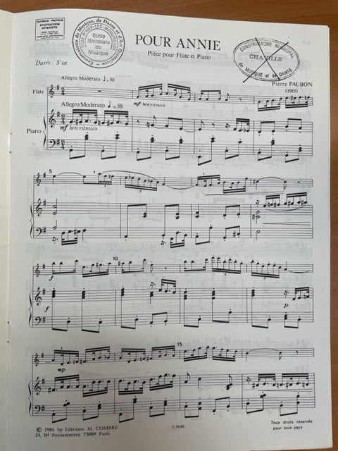 Pierre Paubon Pour Annie partition pour flute et piano