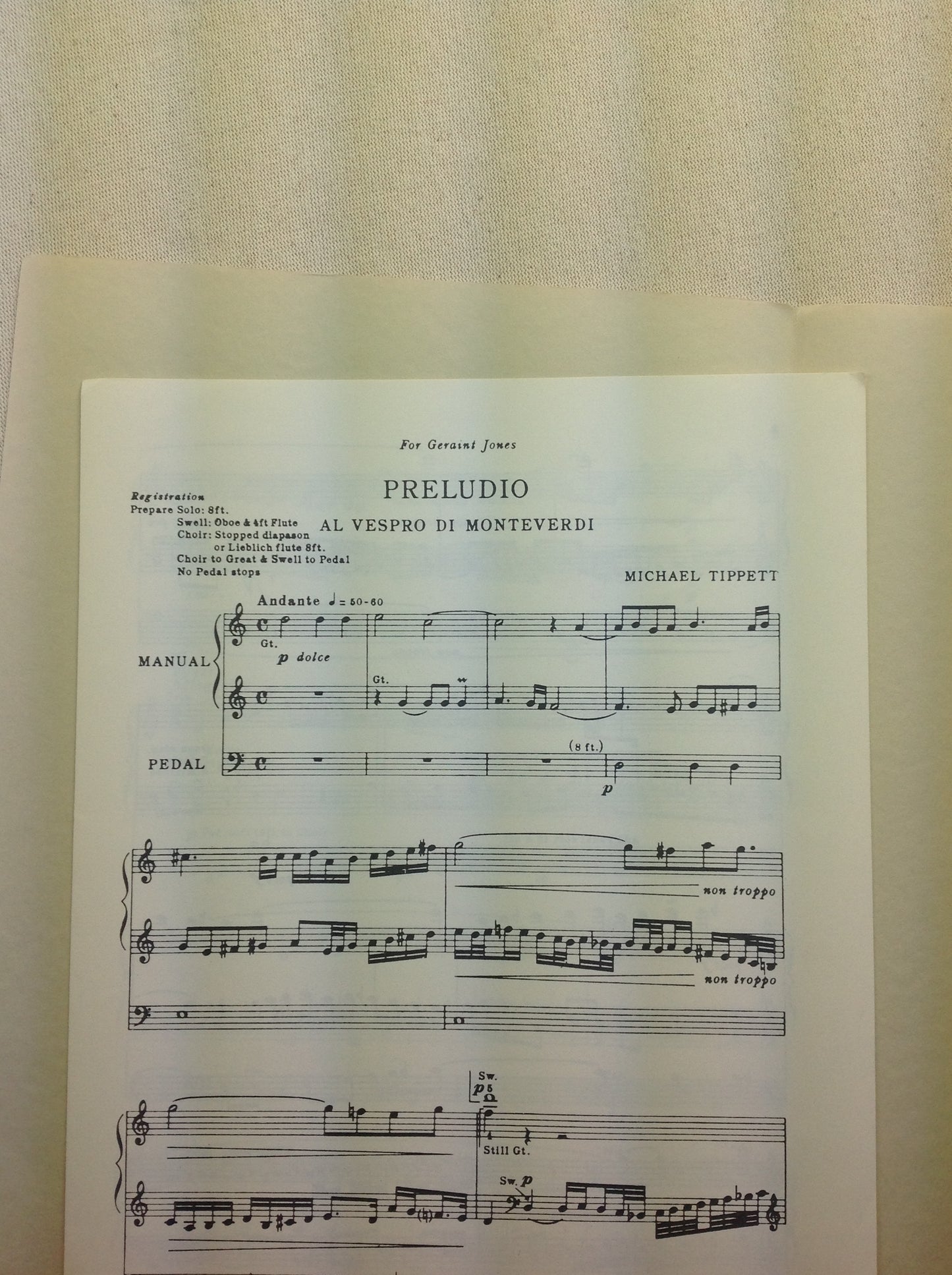 Tippett Michael Preludio al Vespro di Monteverdi, partition pour orgue et pédalier