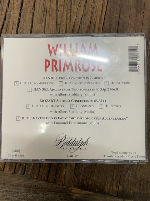 CD William Primrose Händel Concerto pour alto - Händel Adagio de la sonate en trio op.2 - Mozart Symphonie concertante - Beethoven Duo
