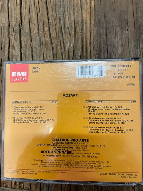 2 CD Mozart Quatuor avec piano K47CD Mozart Quintette à cordes K515 - Quatuor à cordes K428- Quintette à cordes K516 - Quintette à cordes K593