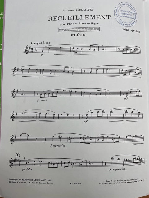 Noel Gallon Recueillement partition pour flute et piano