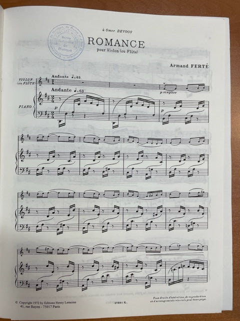 Armand Ferté Romance partition pour violon ou flûte et piano