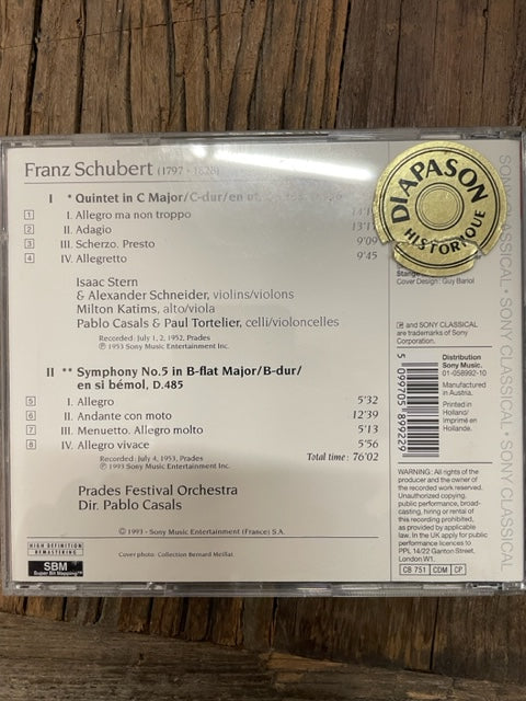 Cd Schubert Quintette opus 163 Symphonie n°5 collection Pablo Casals