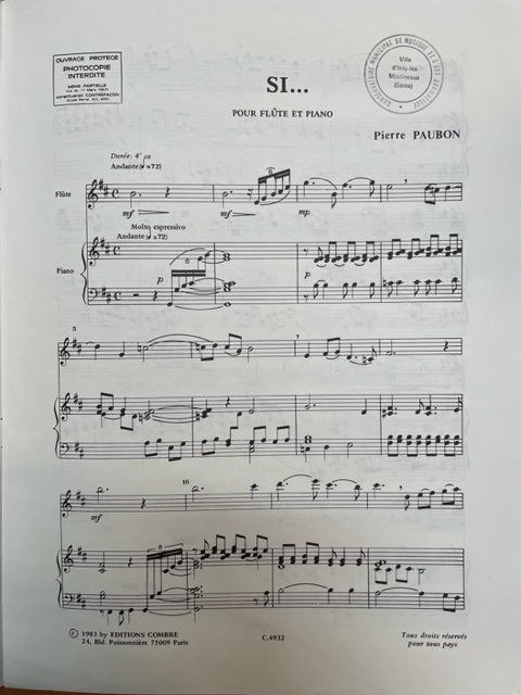 Pierre Paubon : Si...partition pour flute et piano