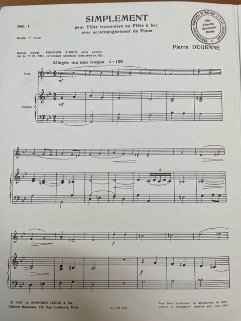 Pierre Degenne : Simplement partition pour flute et piano