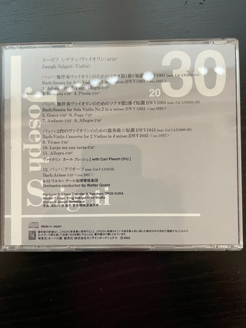 CD Joseph Szigeti joue Bach Sonatas for solo violon n° 1 et 2 - Concerto for 2 violons