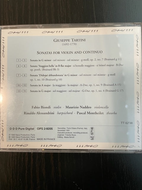 CD Giuseppe Tartini Sonatas for violin and continuo Fabio Bondi au violon