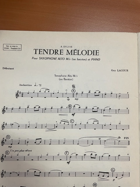 Guy Lacour Tendre mélodie partition pour flute et piano