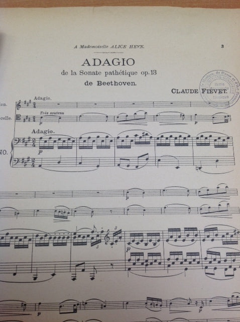 Claude Fievet Adagio de la sonate pathétique op 13 de Beethoven partition pour violon, violoncelle piano