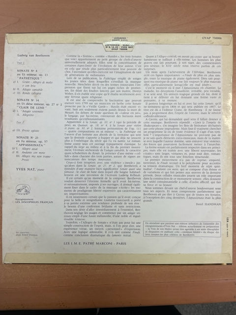 Vinyle Yves Nat au piano Beethoven Sonates opus 8, 14 & 23