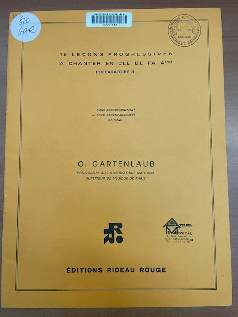 Odette Gartenlaub 15 leçons progressives à chanter en clé de fa 4e-3000 partitions, livres et vinyles d'occasion en vente sur notre site internet gastonmusicclub.fr Gaston Music Store