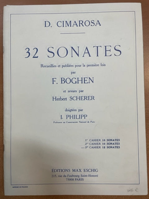 Domenico Cimarosa 32 sonates pour piano recueillies par F.Boghen 3e cahier: 12 sonates- 3000 partitions, livres et vinyles d'occasion  en vente sur notre site internet gastonmusicclub.fr Gaston Music Store