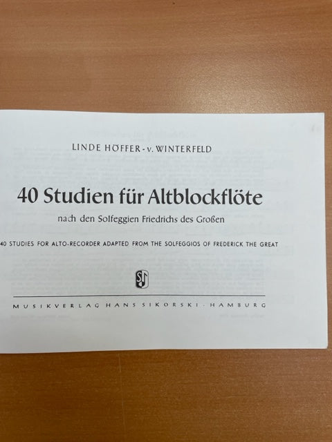 Winterfeld Linde Höffer-von 40 études pour flute à bec alto