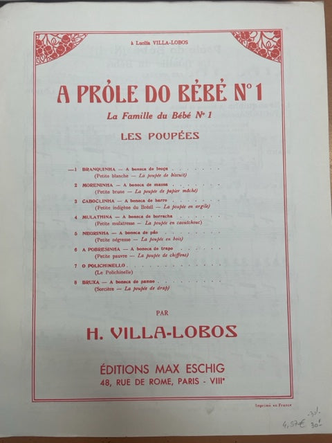 Heitor Villa-Lobos A Prole de Bebe Volume 1 n°1: Branquinha, A boneca de louça - 3000 partitions, livres et vinyles d'occasion  en vente sur notre site internet gastonmusicclub.fr Gaston Music Store