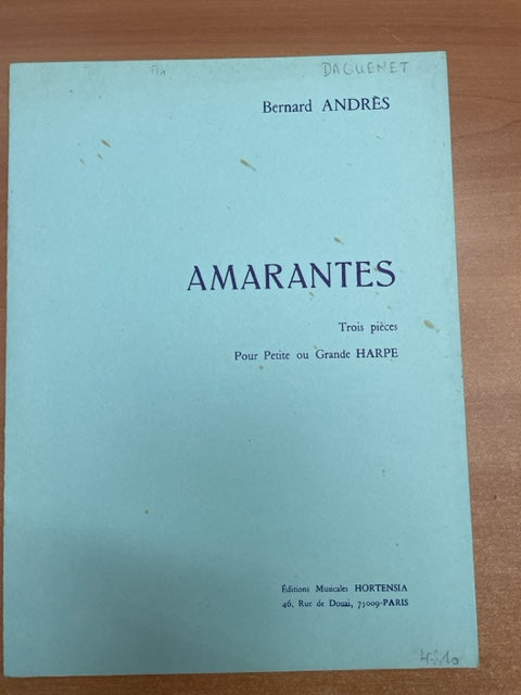 Bernard Andrès Amarantes - 3 pièces pour petite ou grande harpe- 3000 partitions, livres et vinyles d'occasion  en vente sur notre site internet gastonmusicclub.fr Gaston Music Store