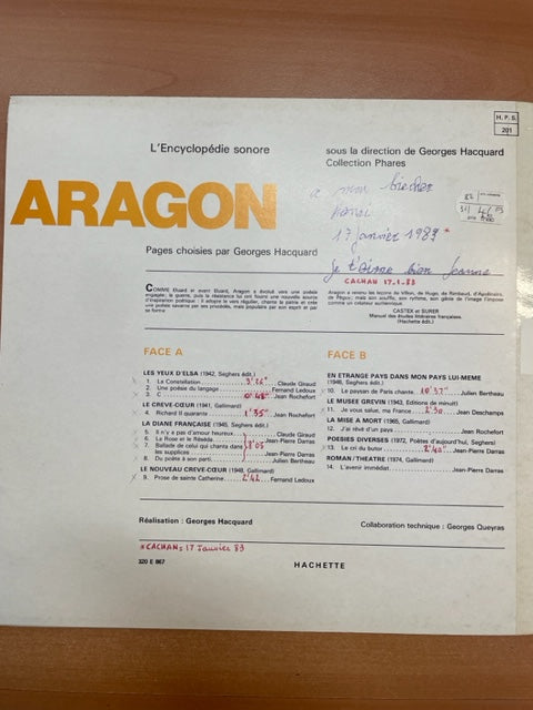 Vinyle L'encyclopédie sonore Aragon, pages choisies par Georges Hacquard-3000 partitions, livres et vinyles d'occasion en vente sur notre site internet gastonmusicclub.fr Gaston Music Store