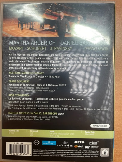 DVD M.Argerich et D.Barenboïm Mozart - Schubert - Stravinsky piano duos- 3000 partitions, livres et vinyles d'occasion en vente sur notre site internet gastonmusicclub.fr Gaston Music Store