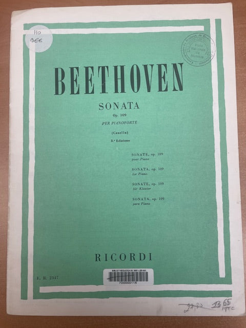 Beethoven Sonata opus 109 pour piano-3000 partitions, livres et vinyles d'occasion en vente sur notre site internet gastonmusicclub.fr Gaston Music Store