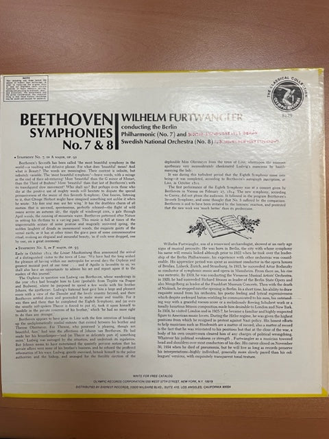 Vinyle Beethoven Symphonies n° 7 et 8 direction Wilhelm Fürtwangler