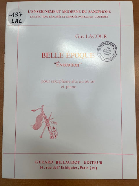 Guy Lacour Belle époque "Evocation" pour Saxophone mib-3000 partitions, livres et vinyles d'occasion en vente sur notre site internet gastonmusicclub.fr Gaston Music Store