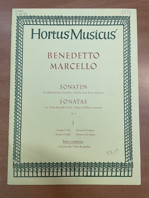 Marcello Benedetto Sonatas opus 2 volume 1 for treble recorder (or flûte, violon) and Basse continue-3000 partitions, livres et vinyles d'occasion en vente sur notre site internet gastonmusicclub.fr Gaston Music Store