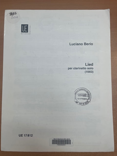 Luciano Berio Lied pour clarinette solo-3000 partitions, livres et vinyles d'occasion en vente sur notre site internet gastonmusicclub.fr Gaston Music Store