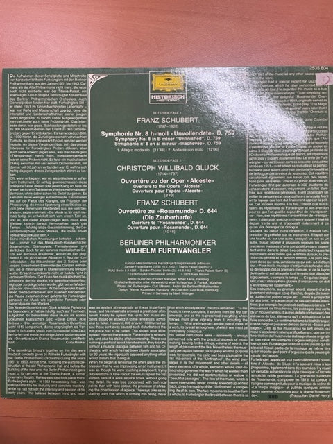 Vinyle Franz Schubert Symphonie n°8 - Ouverture pour Rosamunde  - Gluck Alceste, ouverture