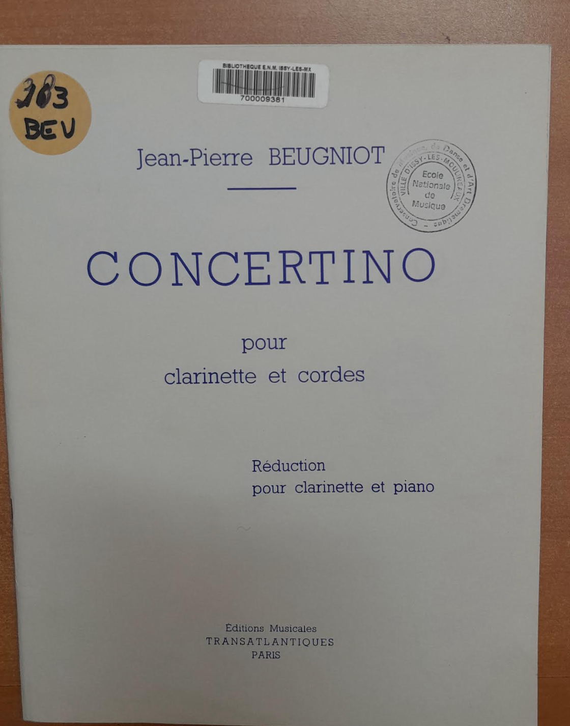 Jean-Pierre Beugnot Concertino pour clarinette et piano-3000 partitions, livres et vinyles d'occasion en vente sur notre site internet gastonmusicclub.fr Gaston Music Store