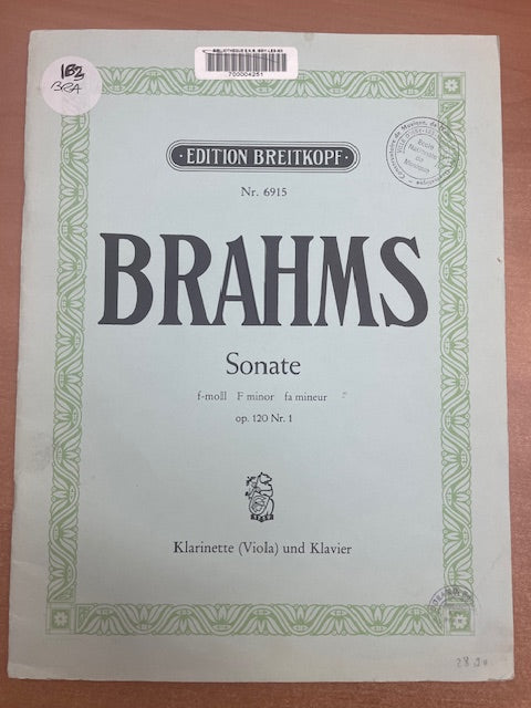 Johannes Brahms Sonate opus 120 n°1 pour clarinette et piano en fa mineur-3000 partitions, livres et vinyles d'occasion en vente sur notre site internet gastonmusicclub.fr Gaston Music Store