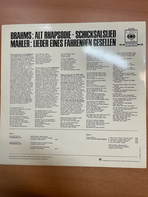 Vinyle Brahms Alt Rhapsodie - Schicksalslied -  Mahler Lieder eines fahrenden Gesellen- 3000 partitions, livres et vinyles d'occasion en vente sur notre site internet gastonmusicclub.fr Gaston Music Store