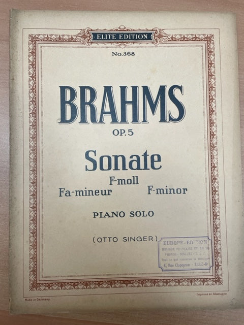 Johannes Brahms Sonate opus 5 en fa mineur partition piano