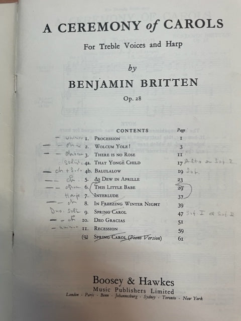 Benjamin Britten A ceremony of carols for treble voices and harp opus 28