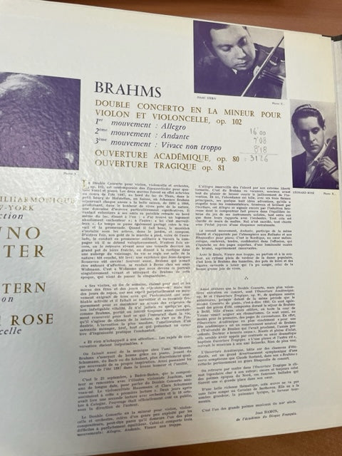 Vinyle Bruno Walter Brahms double concerto Isaac Stern et Leonard Rose