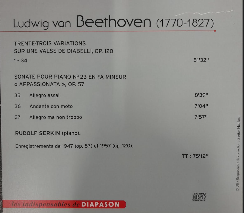 CD Beethoven Variations Diabelli - Sonate "Appassionata"-3000 partitions, livres et vinyles d'occasion en vente sur notre site internet gastonmusicclub.fr Gaston Music Stor