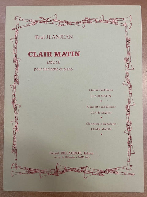 Paul Jeanjean Clair matin - Idylle partition pour clarinette et piano-3000 partitions, livres et vinyles d'occasion en vente sur notre site internet gastonmusicclub.fr Gaston Music Store