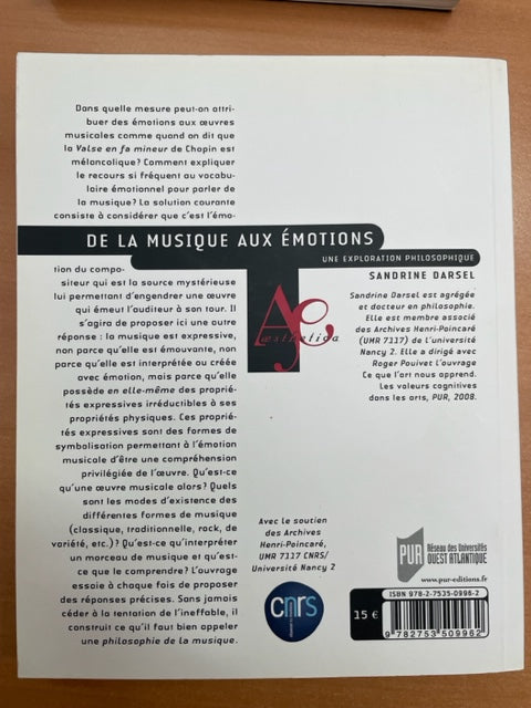 Sandrine Darsel De la musique aux émotions: une exploration philosophique-3000 partitions, livres et vinyles d'occasion en vente sur notre site internet gastonmusicclub.fr Gaston Music Store