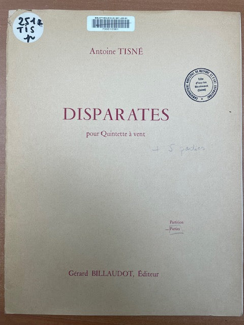 Antoine Tisné Disparates pour Quintette à vent-3000 partitions, livres et vinyles d'occasion en vente sur notre site internet gastonmusicclub.fr Gaston Music Store