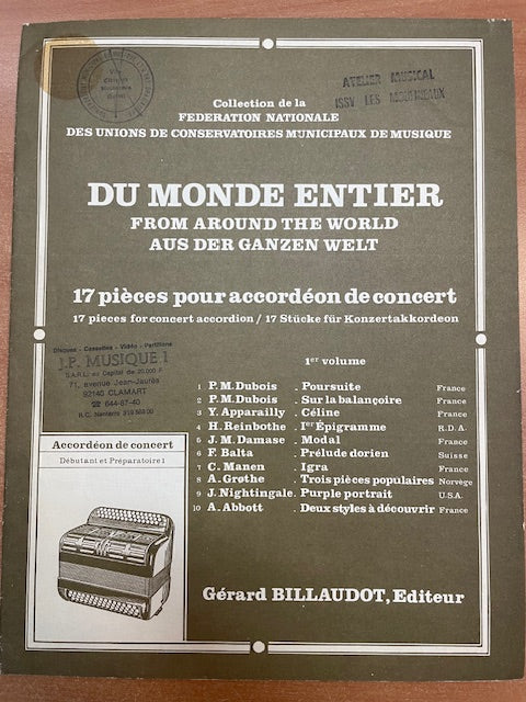 Du monde entier : 17 pièces pour accordéon de concert 1er recueil-3000 partitions, livres et vinyles d'occasion en vente sur notre site internet gastonmusicclub.fr Gaston Music Store